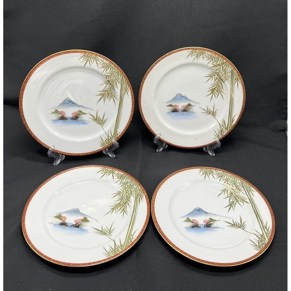Vintage Japanese Kutani Porcelain Plates Set of 4 Mt Fuji Bamboo Red Gold 6.25"